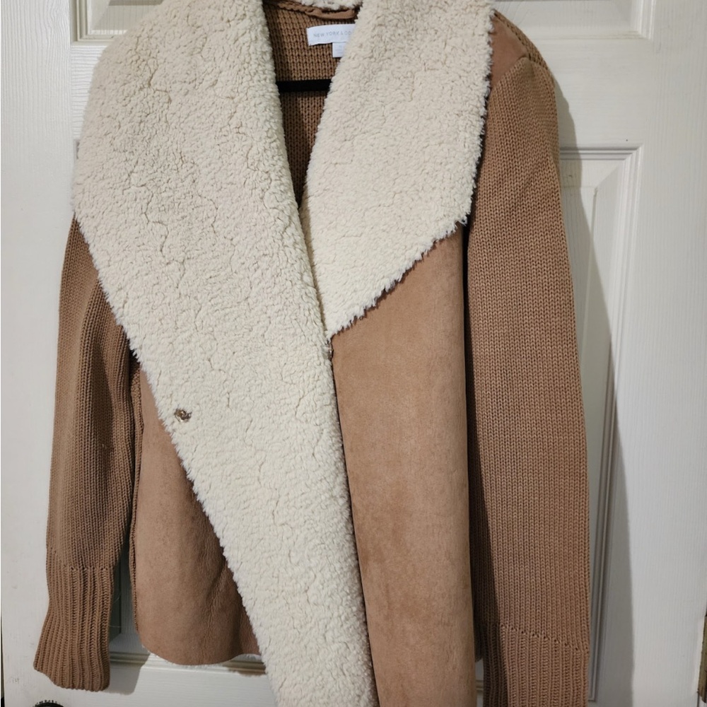 New York & Company Tan and Cream Teddy Jacket with Shearling Collar